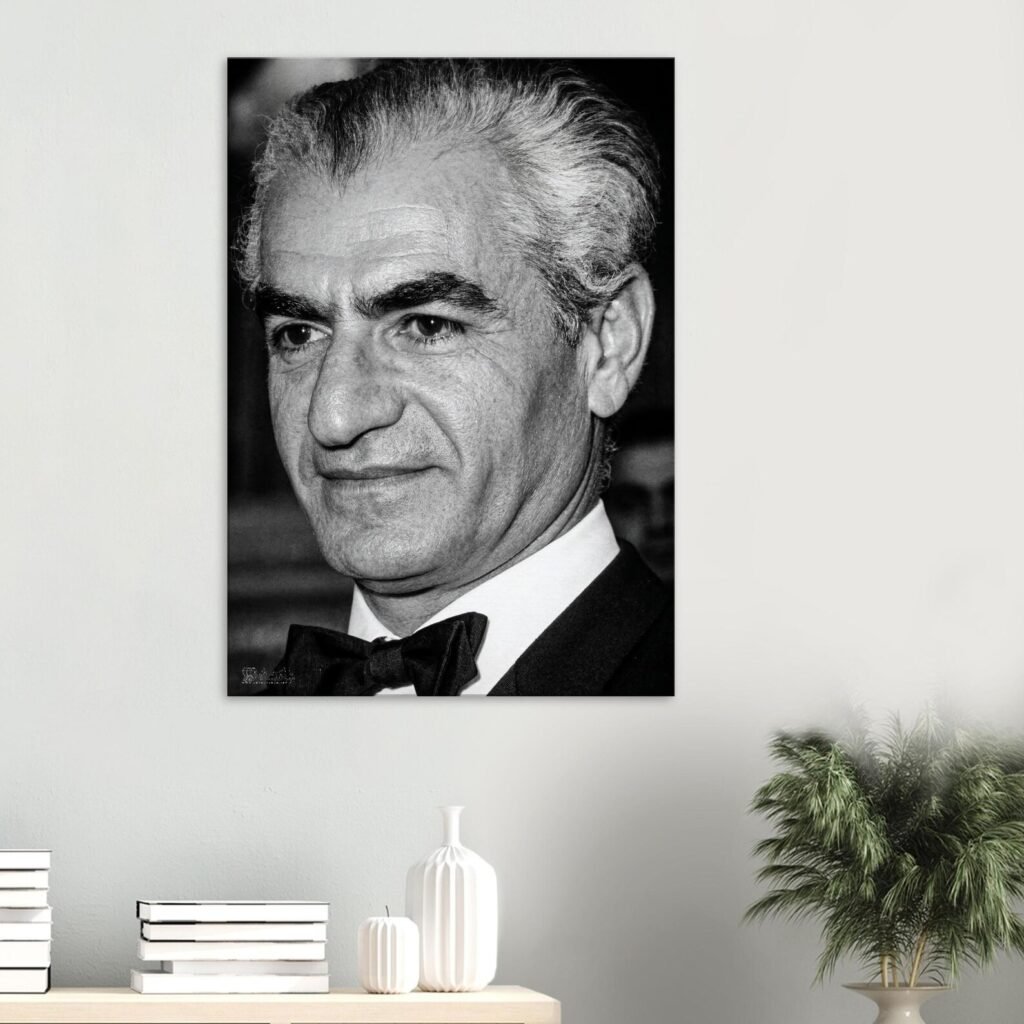 Classic Black and White Portrait of Mohammad Reza Shah in a Tuxedo – Luxury Persian Decor