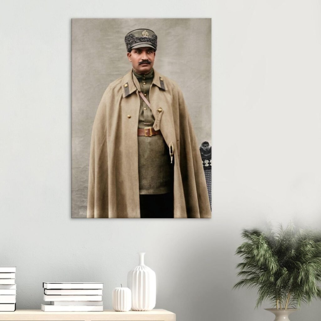 Commanding Portrait of Reza Shah Pahlavi in Military Uniform – Historical Canvas Wall Art