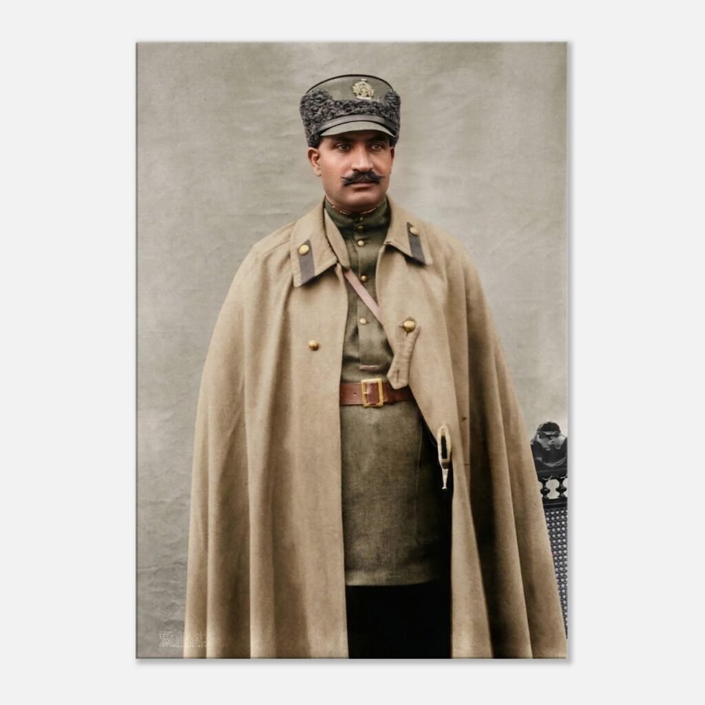 Commanding Portrait of Reza Shah Pahlavi in Military Uniform – Historical Canvas Wall Art — detail 2