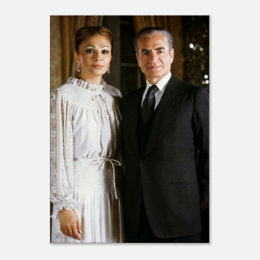 Formal Double Portrait of Mohammad Reza Shah and Empress Farah – Luxurious Canvas Wall Art — detail 3