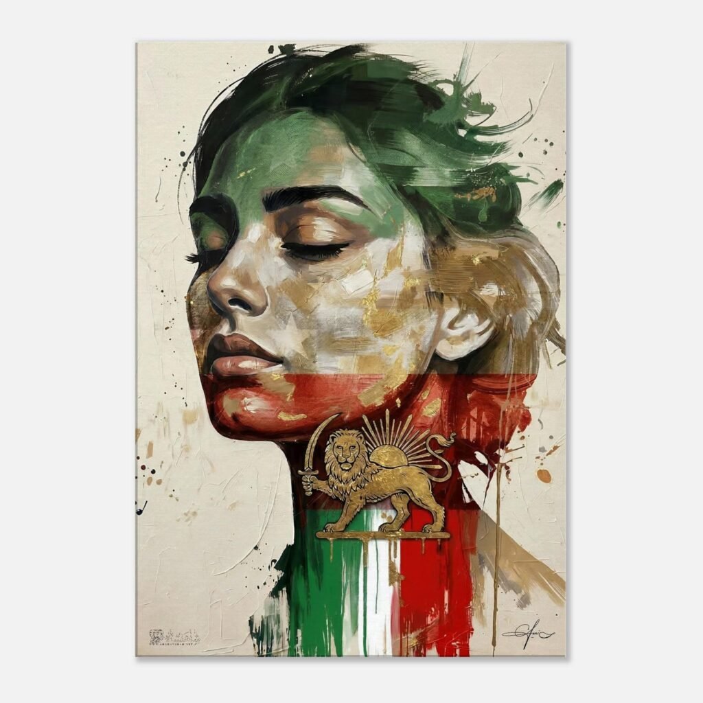 Girl with Lion Sun Flag Canvas Art – Persian Royal Historic Decor — detail 2