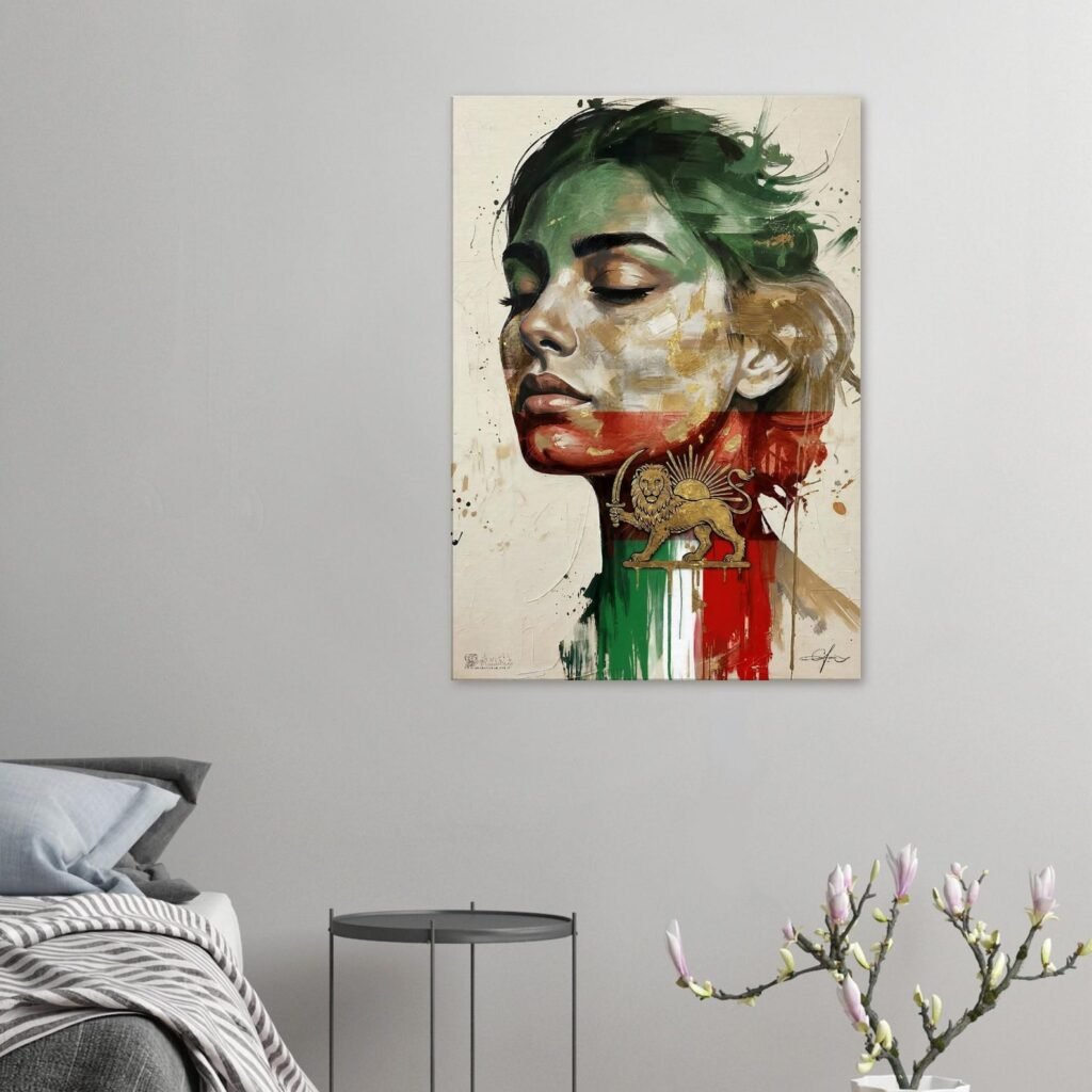 Girl with Lion Sun Flag Canvas Art – Persian Royal Historic Decor — detail 3