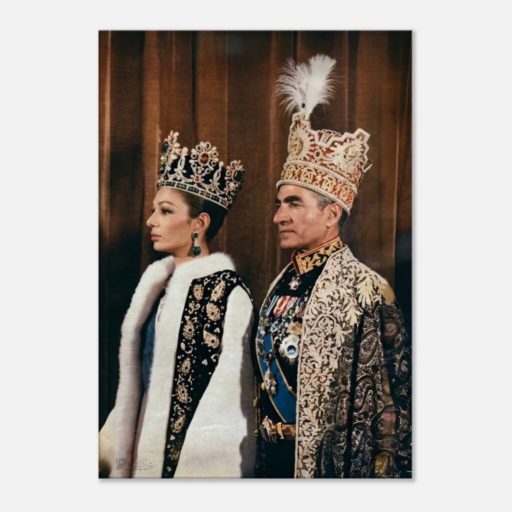 Mohammad Reza Shah and Empress Farah in Coronation Regalia – Historical Canvas Art — detail 3