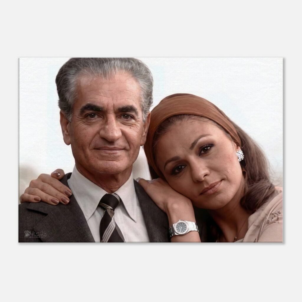 Mohammad Reza Shah Farah Pahlavi Romantic Portrait Canvas Wall Art – Persian Royal Decor — detail 2