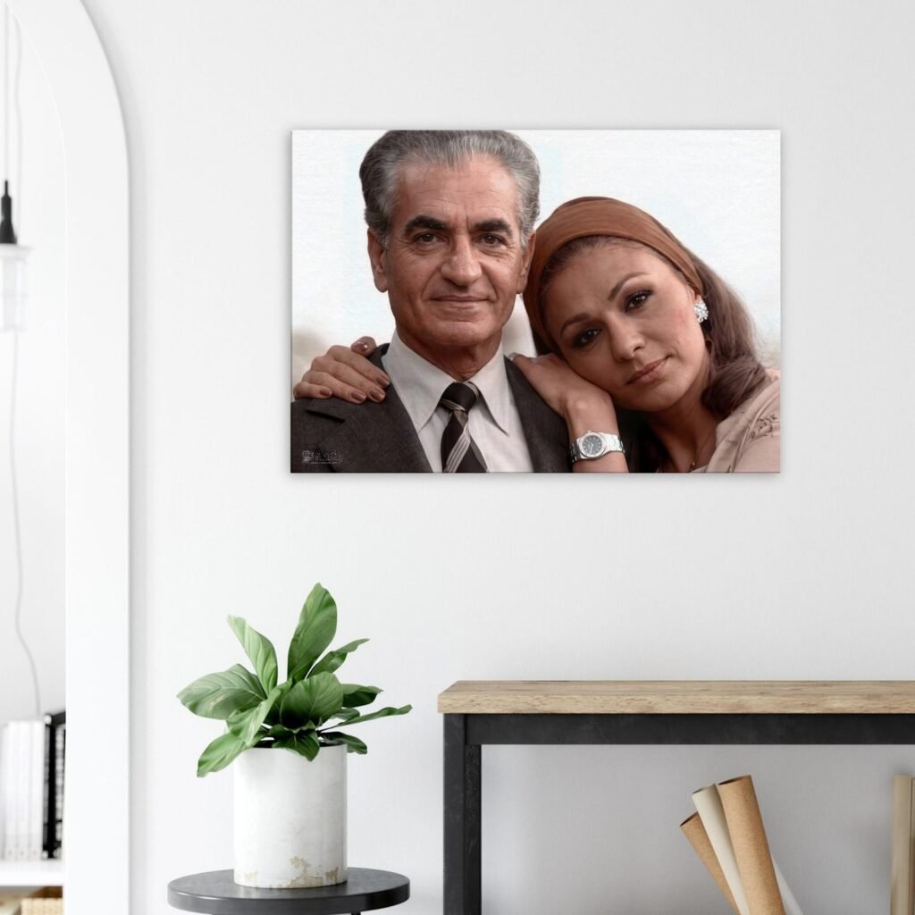 Mohammad Reza Shah Farah Pahlavi Romantic Portrait Canvas Wall Art – Persian Royal Decor — detail 3