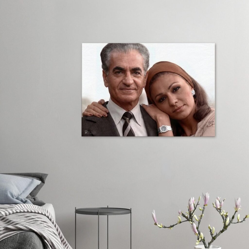 Mohammad Reza Shah Farah Pahlavi Romantic Portrait Canvas Wall Art – Persian Royal Decor — detail 4