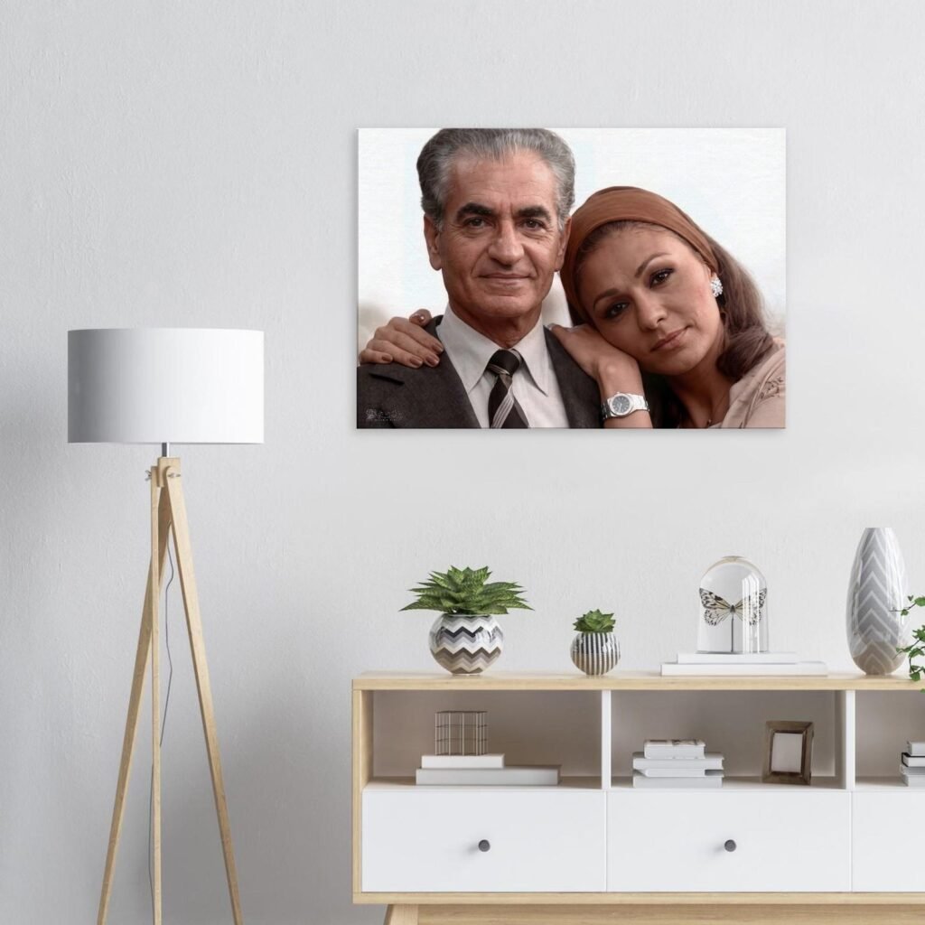 Mohammad Reza Shah Farah Pahlavi Romantic Portrait Canvas Wall Art – Persian Royal Decor — detail 5