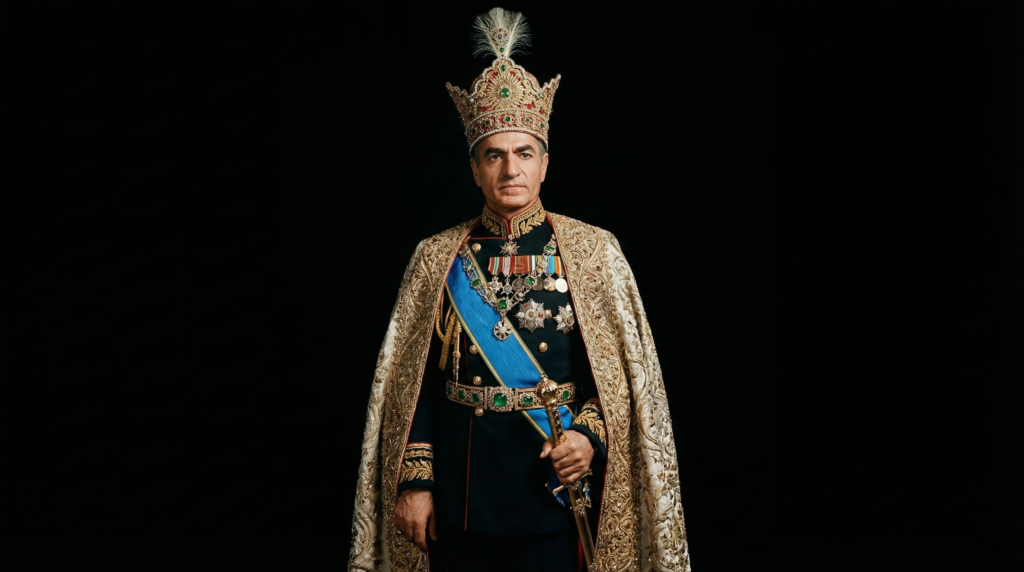 Portrait of Mohammad Reza Shah in crown and coronation regalia