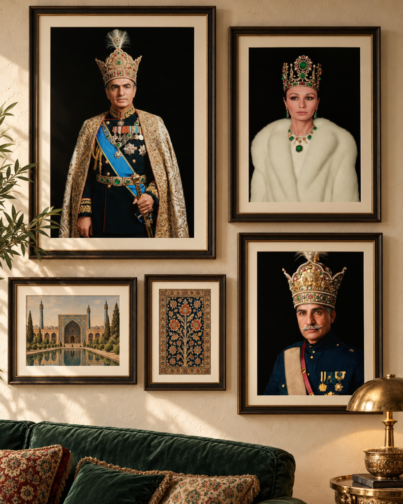Gallery wall styling mockup featuring framed Pahlavi portraits