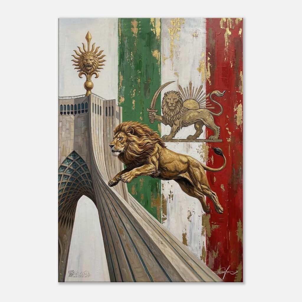 Printed Canvas Art – The Shahyad Tower, Iranian Flag, and Leaping Lion — detail 2