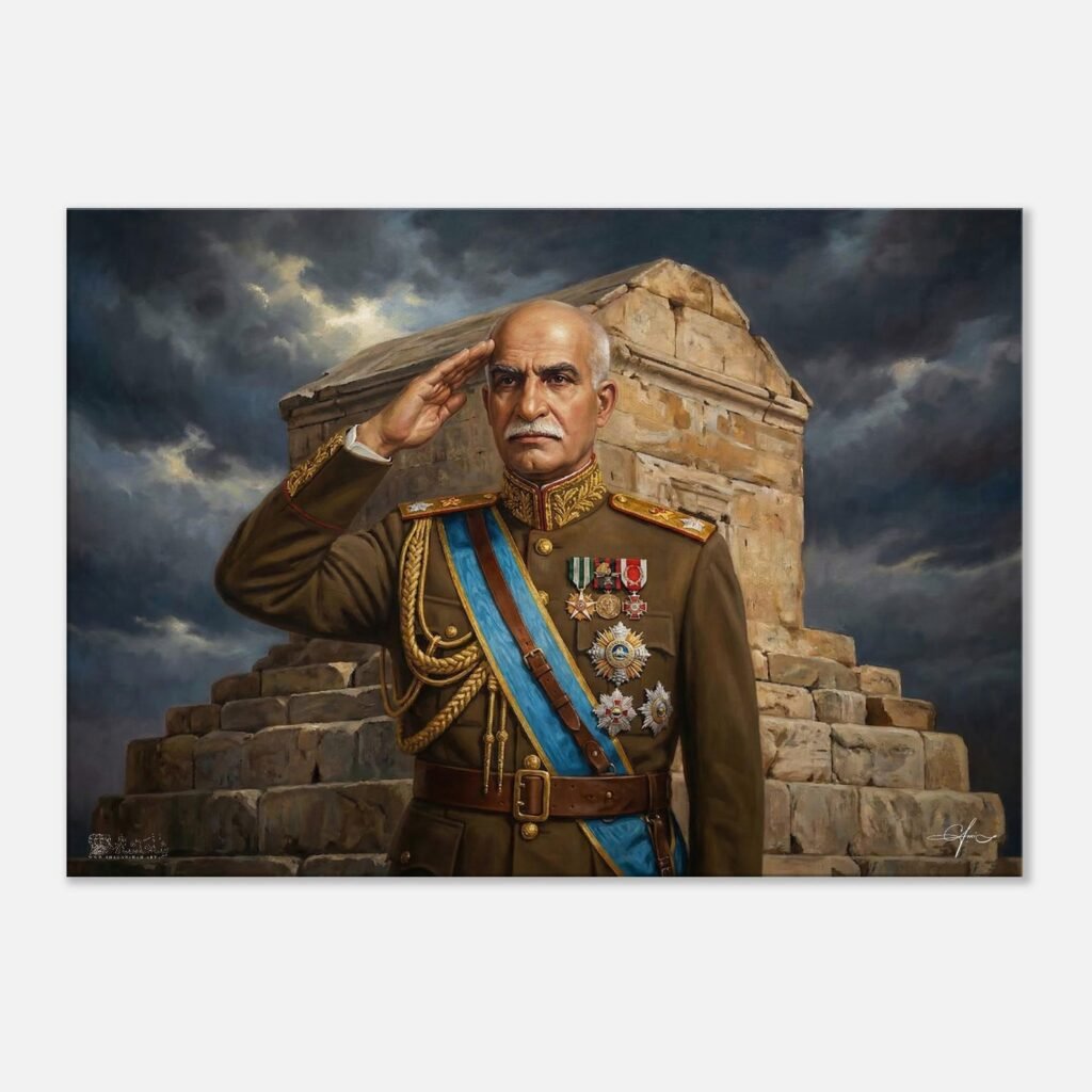 Reza Shah Pahlavi Portrait Canvas – Historic Persian Wall Art, Tomb of Cyrus Illustration — detail 2