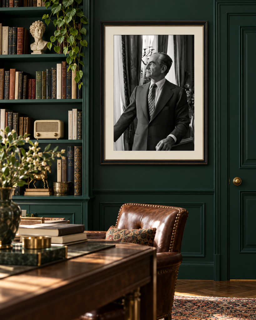 Interior styling mockup with a framed Mohammad Reza Shah portrait in a forest green library