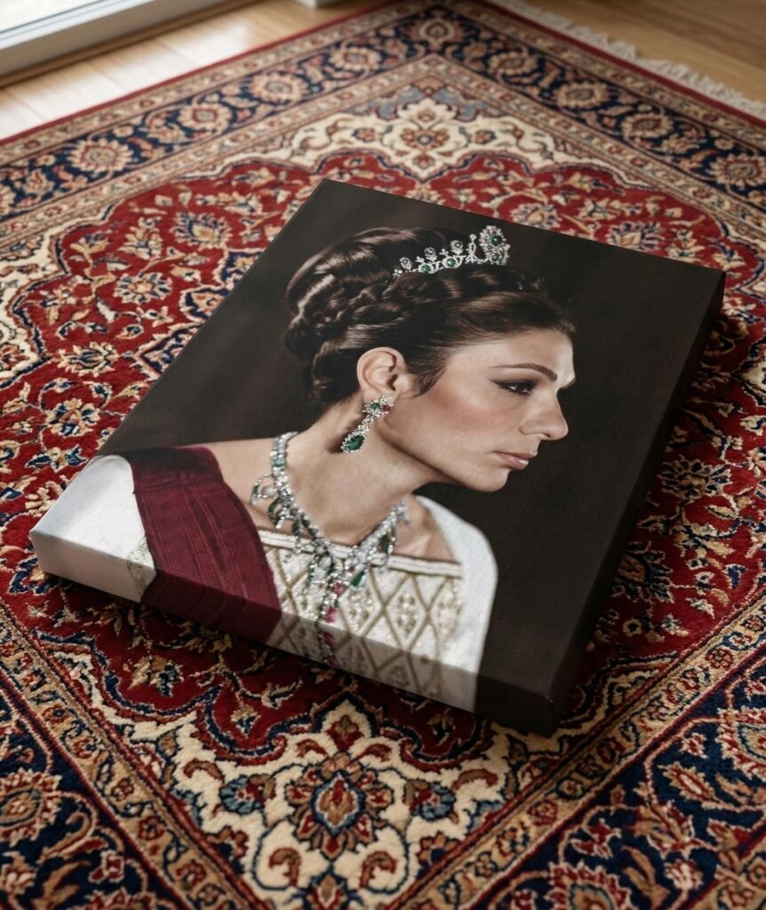 Shahbanu Farah Coronation Emerald Tiara Portrait Canvas Wall Art – Persian Imperial Decor — detail 5